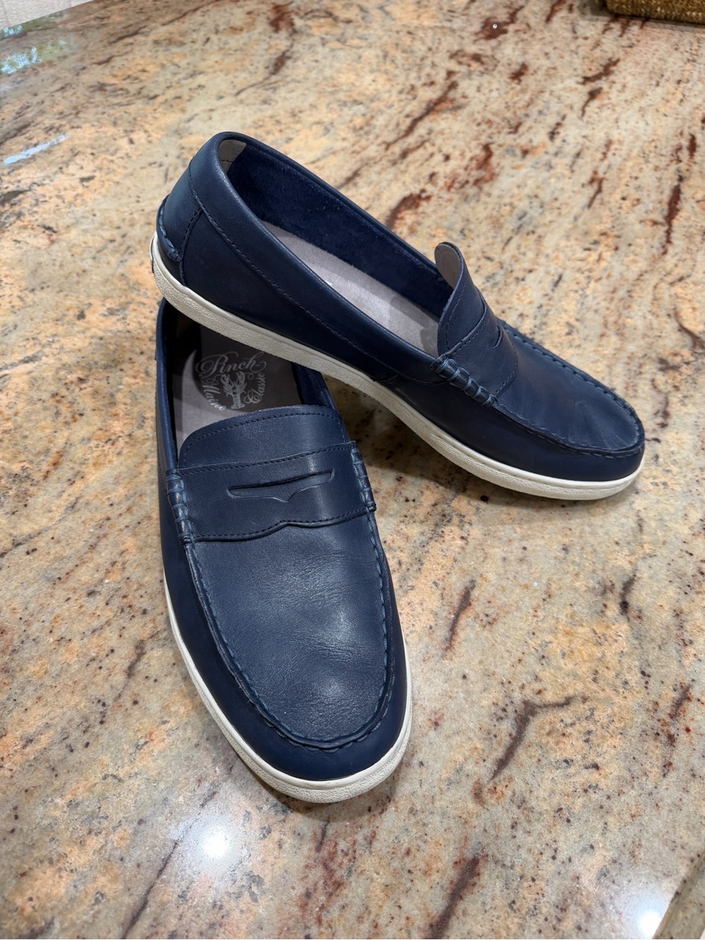 Cole Haan Navy Leather Slip-On Penny Loafers with White Sole